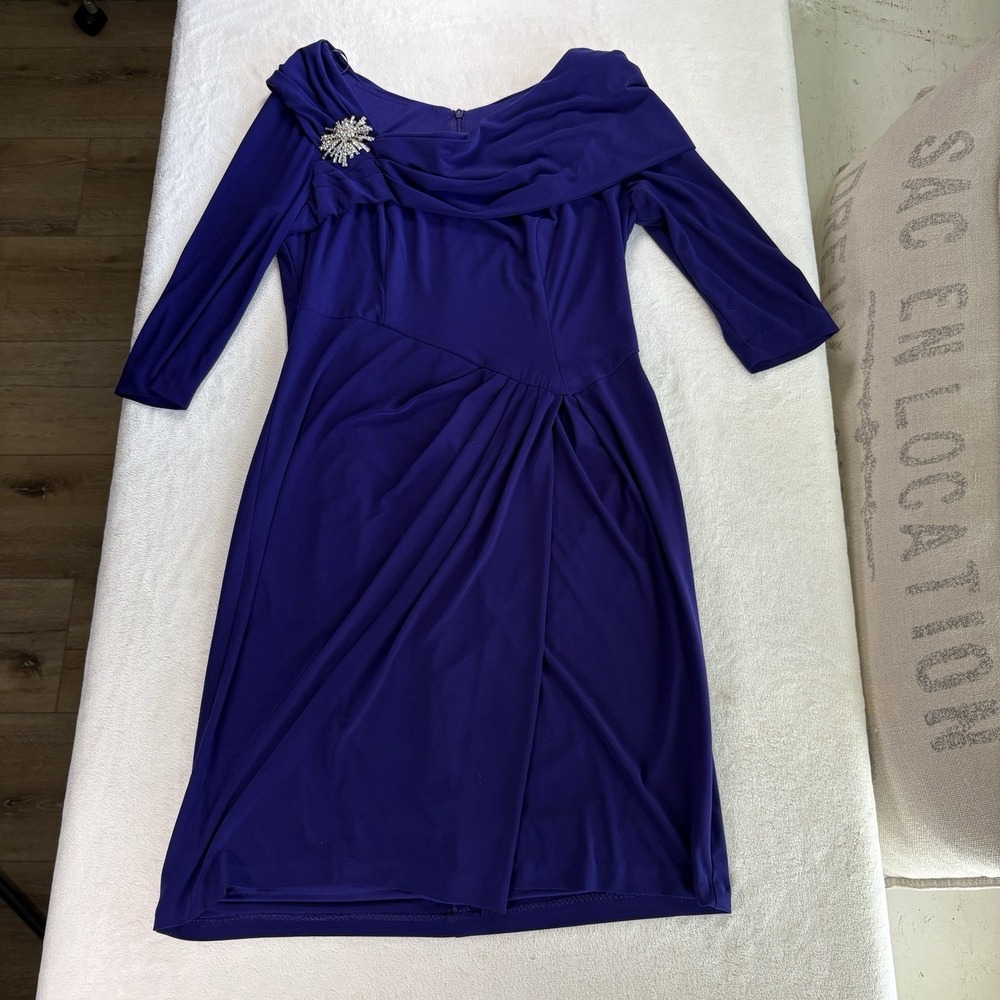 Alex Evenings Petite 10P Blue Off Shoulder Ruched Cocktail Dress Rhinestone